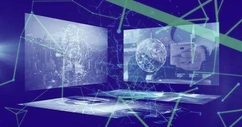 Image of network of connections and data processing over blue background Illustrazione stock