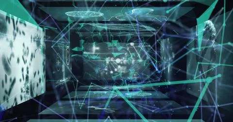 Image of network of connections and data processing over black background Stock Illustration