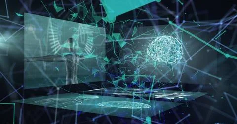 Image of network of connections and data processing over black background Illustrazione stock