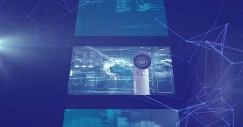 Image of network of connections and data processing over blue background イラスト素材