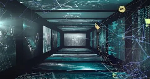 Image of network of connections and data processing over black background 스톡 일러스트