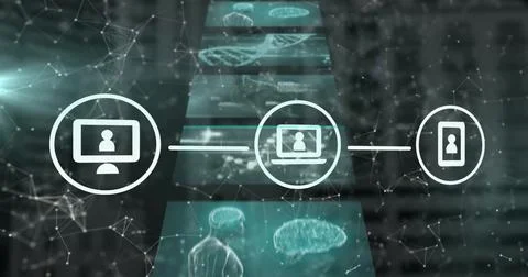 Image of network of connections and data processing over black background Illustrazione stock