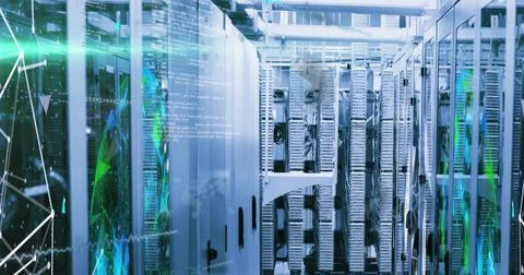 Image of network of connections and data processing over computer servers Stock Illustration