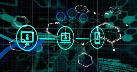 Image of network of connections and data processing over chemical formula on Stock Illustration