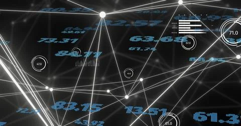 Image of network of connections and data processing over dark background Foto stock