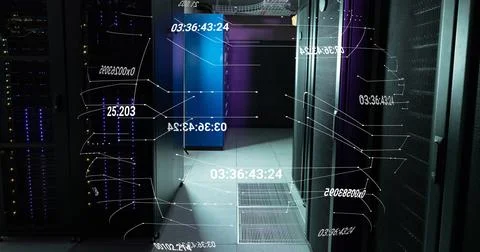 Image of network of connections and data processing against computer server room Stock Photos