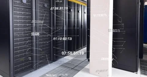 Image of network of connections and data processing against computer server room Foto stock