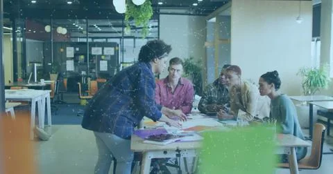 Image of network of connections and data processing over business people in.. Stock Photos