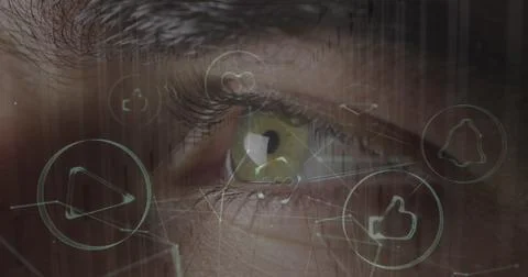 Image of network of connections and data processing over eye of caucasian man Stock Photos