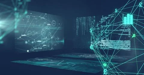 Image of network of connections and data processing on black background Stock Photos