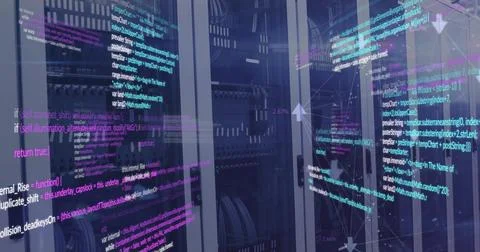 Image of network of connections and data processing over server room Stock Photos