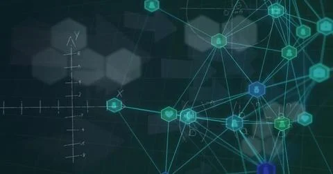 Image of network of connections and data processing over dark background 写真素材