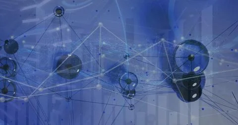 Image of network of connections and data processing over blue background Stock Photos