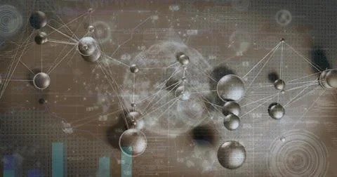 Image of network of connections and data processing over grey background 스톡 사진