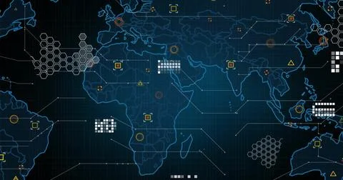 Image of network of connections and data processing connections over world map Stock Photos