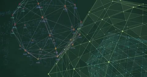 Image of network of connections and data processing on black background Foto stock