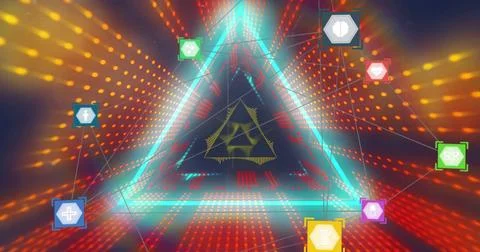 Image of network of connections and data processing with icons over neon tunnel 库存照片