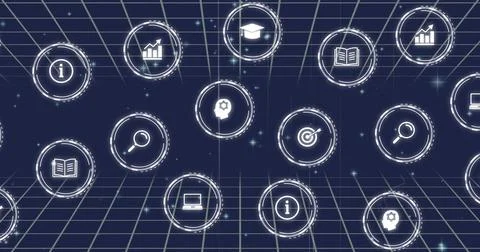 Image of network of connections and data processing with icons on blue Stock Photos