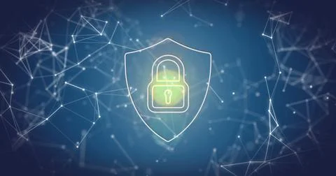 Image of network of connections and data processing with padlock icon on blue Stock Photos