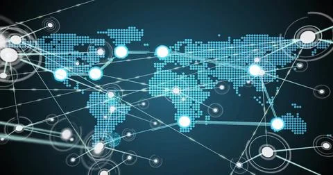 Image of network of connections and data processing over world map 写真素材