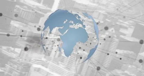 Image of network of connections and data processing over globe 写真素材