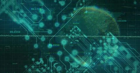 Image of network of connections and data processing with circuit board over 写真素材