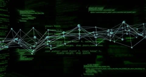 Image of network of connections and data processing on black background Stock Photos