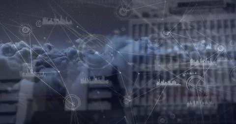 Image of network of connections and data processing over cityscape Stockfoto's