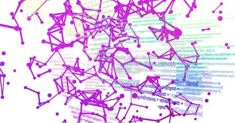 Image of network of connections and data processing over white background Foto stock