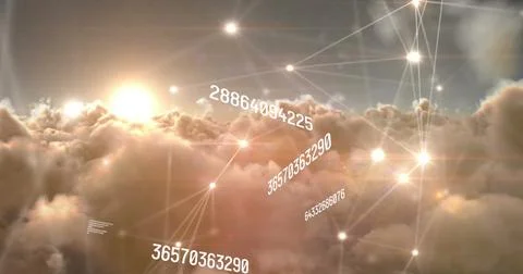 Image of network of connections and data processing over sky with clouds Stock Photos
