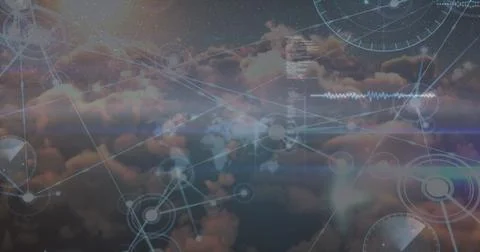 Image of network of connections and data processing over clouds in the sky Foto stock