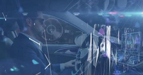 Image of network of connections and data processing against african american man Stock Photos