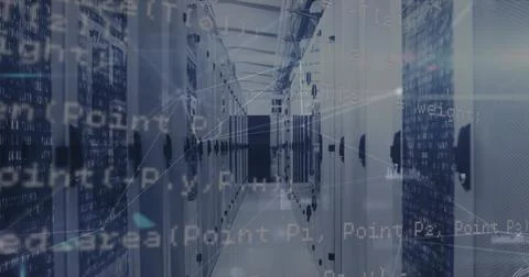 Image of network of connections and data processing over server room Stock Photos