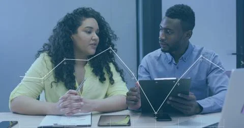 Image of network of connections and data processing over business people in Stock Photos