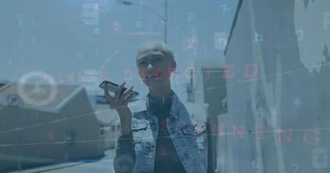 Image of network of connections and data processing over businesswoman with Stock Photos