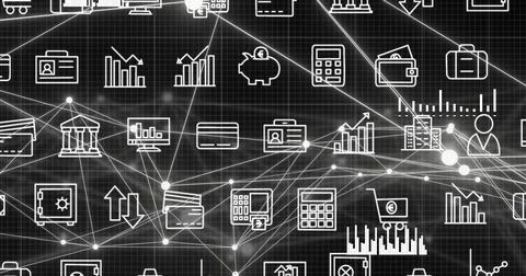 Image of network of connections and digital icons over black background Stock Photos