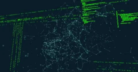 Image of network of connections and digital data processing over dark background 写真素材
