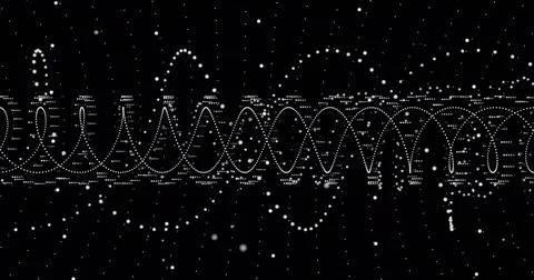 Image of network of connections and dna strand on black background Illustrazione stock
