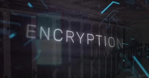 Image of network of connections and encryption text over server room Stockillustratie