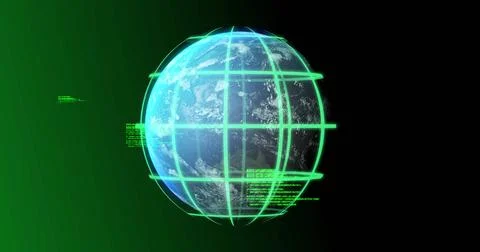 Image of network of connections and globe with data processing on black bac.. Stockfoto's