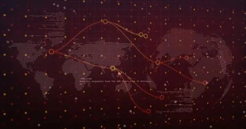 Image of network of connections and globe over data processing and world map on Foto stock