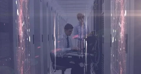 Image of network of connections and glowing spot of light against two イラスト素材