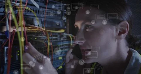 Image of network of connections and icons over caucasian female server room Stock Illustration
