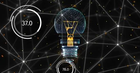 Image of network of connections and light bulb over black background 스톡 사진