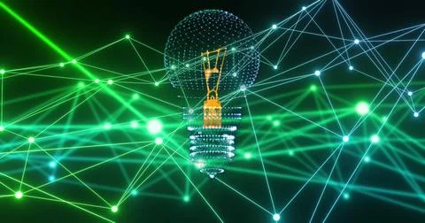 Image of network of connections and light bulb over black background Stock Photos