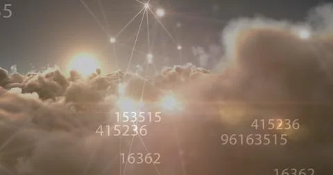 Image of network of connections and numbers processing over sky with clouds Stock Illustration
