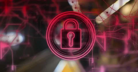 Image of network of connections and padlock icon over diverse people at stati Stockfoto's