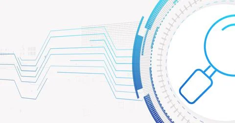Image of network of connections and reading glass on white background Stock Illustration