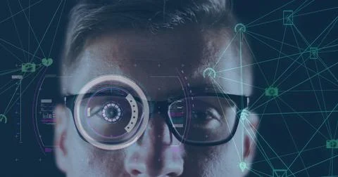Image of network of connections and scope scanning over caucasian man Illustrazione stock