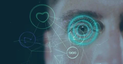 Image of network of connections and scope scanning over caucasian man Illustrazione stock